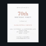Budget Simple Text Blush 70th Birthday Invitation<br><div class="desc">Begroting Eenvoudige tekst Blush 70th Birthday uitnodiging. Een waarde voor geld kleiner 4.5 x 5.6 duim alternatief bleef aan de semi-verliesoptie in gebreke die voor uitnodigingen wordt geadviseerd en is een gelijkaardige dikte aan een briefkaart. De verzadigingsoptie is veel dunner papier beter voor behuizingen.</div>