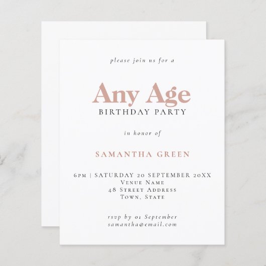 Budget Simple Text Blush Age Birthday Uitnodiging (Voorkant / Achterkant)