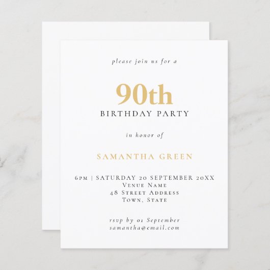 Budget Simple Text Gold Black 90th Birthday Invite (Voorkant / Achterkant)