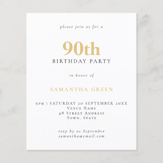 Budget Simple Text Gold Black 90th Birthday Invite (Voorkant)