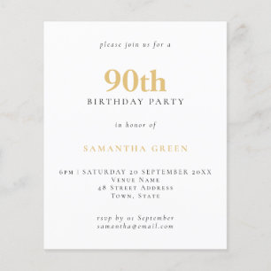 Budget Simple Text Gold Black 90th Birthday Invite