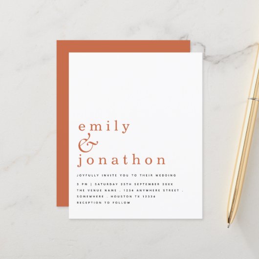 Budget Simple Text Terracotta Wedding Invitation (Voorkant / Achterkant in situ)