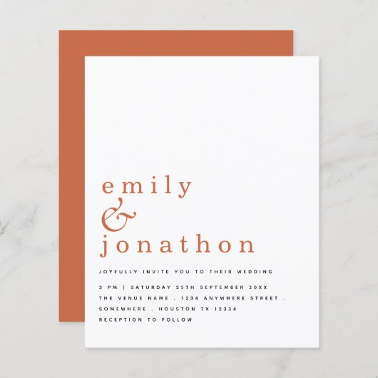 Budget Simple Text Terracotta Wedding Invitation (Voorkant / Achterkant)