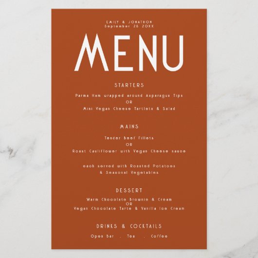 Budget Simple Text Terracotta Wedding Menu (Voorkant)