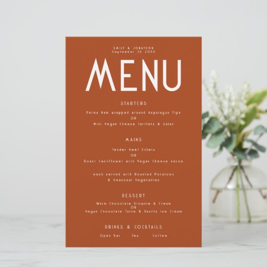 Budget Simple Text Terracotta Wedding Menu (Staand voorkant)