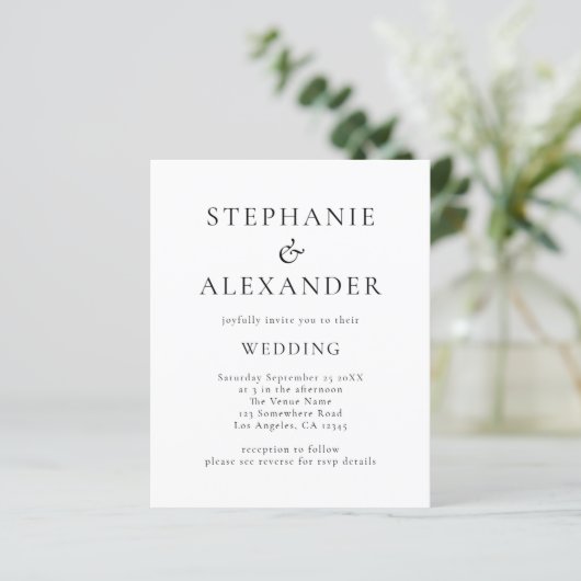 Budget Simple Text Wedding Black White uitgenodigd (Staand voorkant)