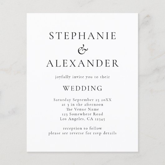 Budget Simple Text Wedding Black White uitgenodigd (Voorkant)