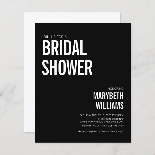 Budget Simple Typography Bridal Shower Invitation (Voorkant / Achterkant)