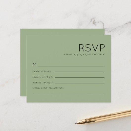 Budget Simple Typography Sage Green Wedding RSVP (Voorkant / Achterkant in situ)