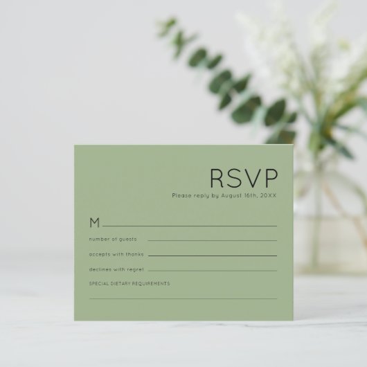 Budget Simple Typography Sage Green Wedding RSVP (Staand voorkant)
