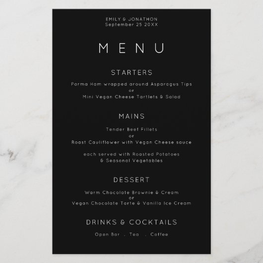 Budget Simple Typography White Black Wedding Menu (Voorkant)