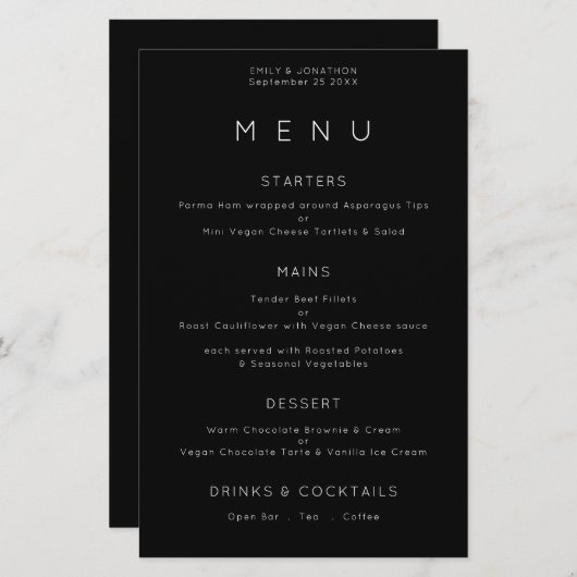 Budget Simple Typography White Black Wedding Menu (Voorkant / Achterkant)