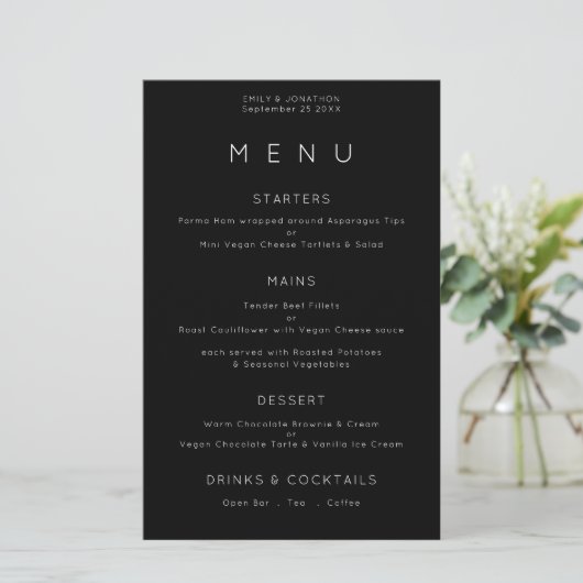 Budget Simple Typography White Black Wedding Menu (Staand voorkant)