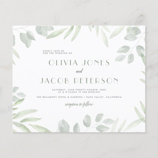 Budget Simple Waterverf Foliage Botanical Wedding (Voorkant)