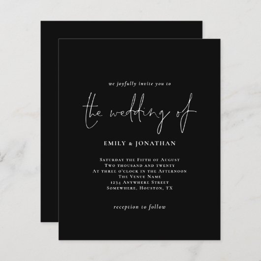 Budget Simple White Black Weduwen Uitnodiging (Voorkant / Achterkant)