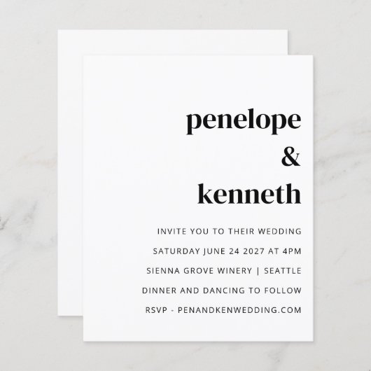 Budget Simple White Moderne Wedding Invitation (Voorkant / Achterkant)