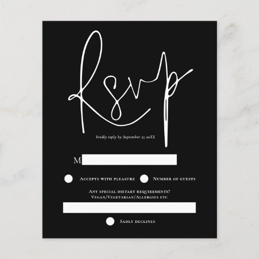 Budget Simple White Text Black Weddenschap RSVP (Voorkant)