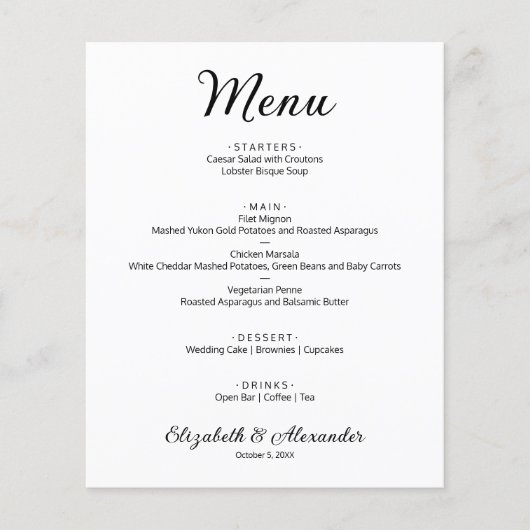 Budget Simple White Wedding Menu (Voorkant)