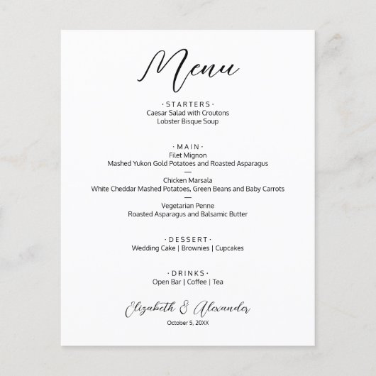 Budget Simple White Wedding Menu (Voorkant)