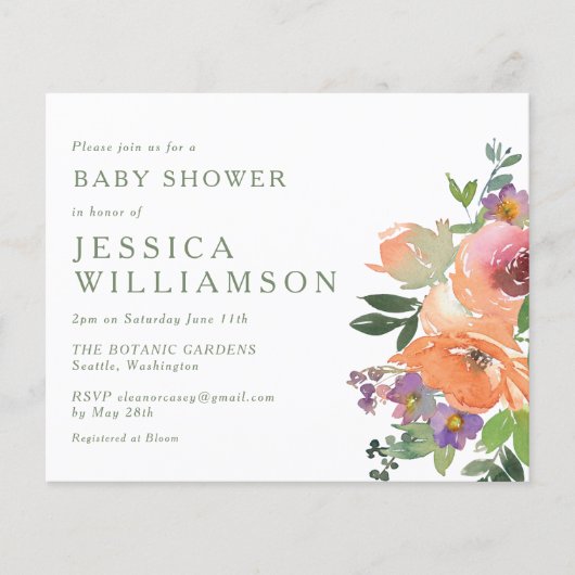 Budget Sinaasappel Bloemenkunst Baby shower Invite (Voorkant)