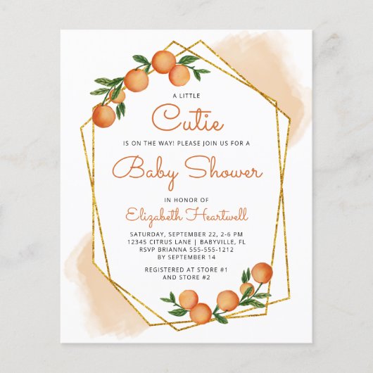 Budget Sinaasappel Little Cutie Baby shower Invita (Voorkant)