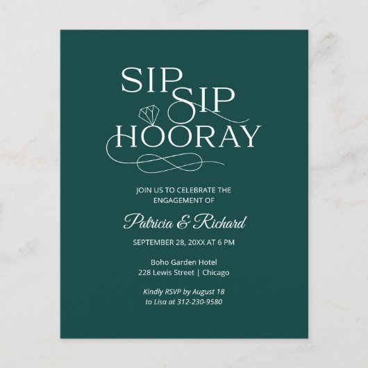 Budget Sip Sip Hooray Verloving Feest Uitnodiging (Voorkant)