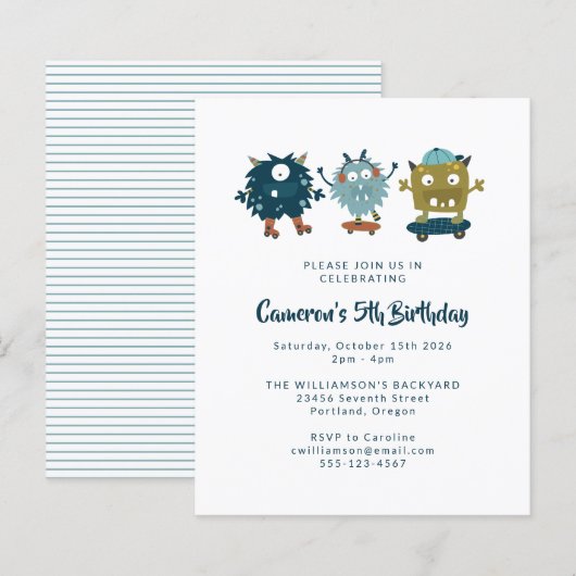 Budget Skateboard Monsters 5e verjaardag Uitnodigi (Voorkant / Achterkant)