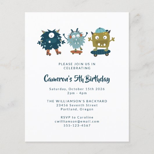 Budget Skateboard Monsters 5e verjaardag Uitnodigi (Voorkant)