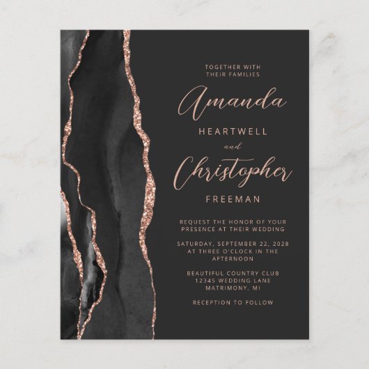 Budget Slate Black Roos Gold Agate Wedding Invite (Voorkant)