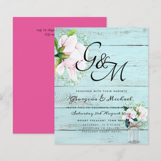 BUDGET Sletter Roze Magnolia Chic Trouw Uitnodigin (Voorkant / Achterkant)