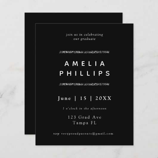 Budget Sliver Glitter Trendy Afstuderen nodigt uit (Voorkant / Achterkant)