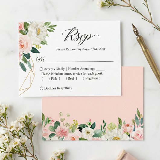 Budget Small Wedding RSVP | Blush roze bloemen Notitiekaartje