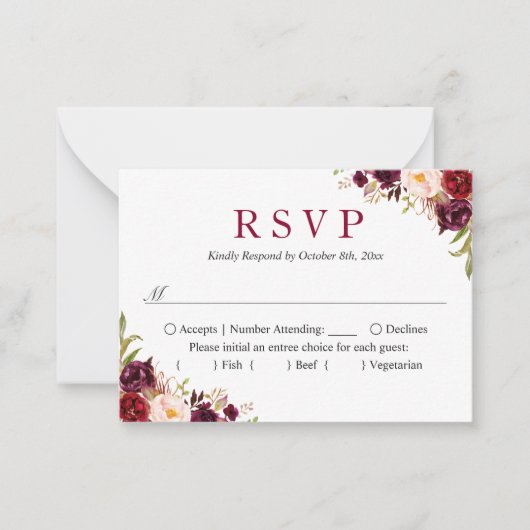 Budget Small Wedding RSVP | Burgundy Blush Floral Notitiekaartje (Voorkant)