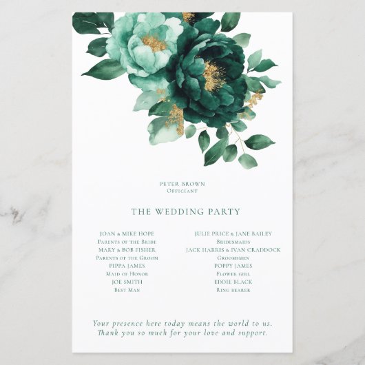 Budget Smaragd en gouden bloemen bruiloft programm (Achterkant)