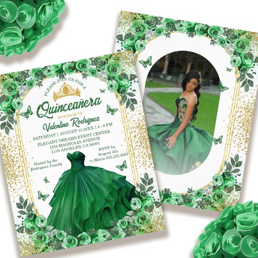 Budget Smaragd Groen Goud Bloemen Quinceanera Flyer
