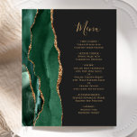 Budget Smaragd Groen Goud Donker Bruiloft Menu<br><div class="desc">De linkerrand van dit elegante moderne trouwmenu bevat een smaragdgroene waterverf aan de rand van de afgrond die is afgesneden met faux goudglitter. De aanpasbare tekst combineert goudkleurige whimsical-handschrift script en copperplate-lettertypen op een zwarte leisteenachtergrond. De achterzijde is voorzien van een bijbehorend,  groen en goudvormig ontwerp.</div>