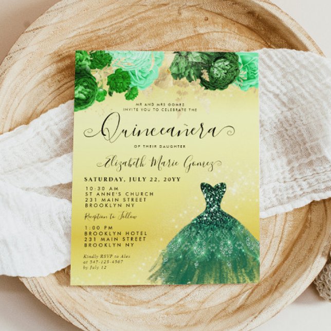 Budget Smaragd Groen Gouden Jurk Bloemen Quinceane (Budget Emerald Green Gold Dress Floral Quinceanera Birthday Invitation)