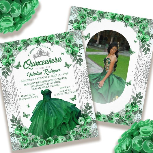 Budget Smaragd Groen Zilver Bloemen Quinceanera Flyer