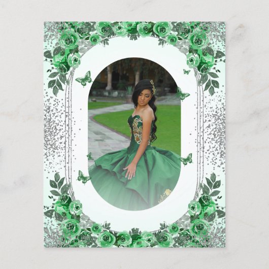Budget Smaragd Groen Zilver Bloemen Quinceanera Flyer (Achterkant)