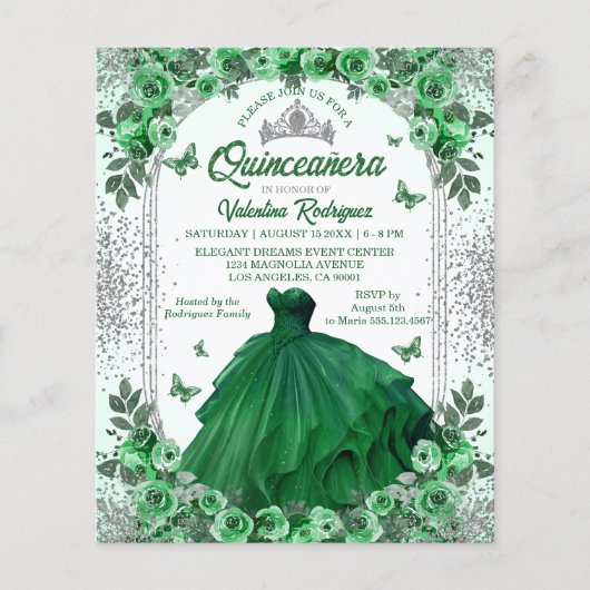 Budget Smaragd Groen Zilver Bloemen Quinceanera Flyer (Voorkant)