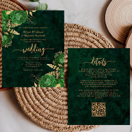 Budget Smaragdgroene Gouden Bloem QR Code Bruiloft