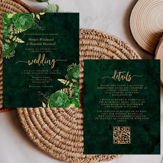 Budget Smaragdgroene Gouden Bloem QR Code Bruiloft