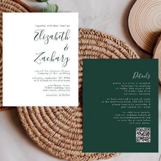 Budget Smaragdgroene Script QR Code Trouw Uitnodig