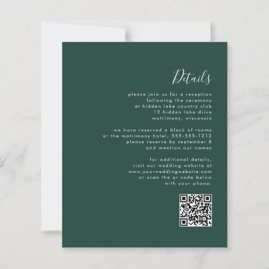 Budget Smaragdgroene Script QR Code Trouw Uitnodig (Achterkant)