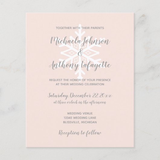 Budget Sneeuwvlok Blush Winter Bruiloftsinvitation (Voorkant)