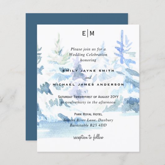 Budget Snowy Mountain Trees Skiing Wedding Invites (Voorkant / Achterkant)