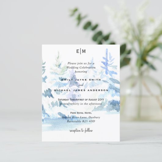 Budget Snowy Mountain Trees Skiing Wedding Invites (Staand voorkant)