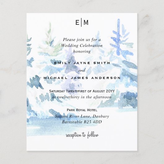 Budget Snowy Mountain Trees Skiing Wedding Invites (Voorkant)