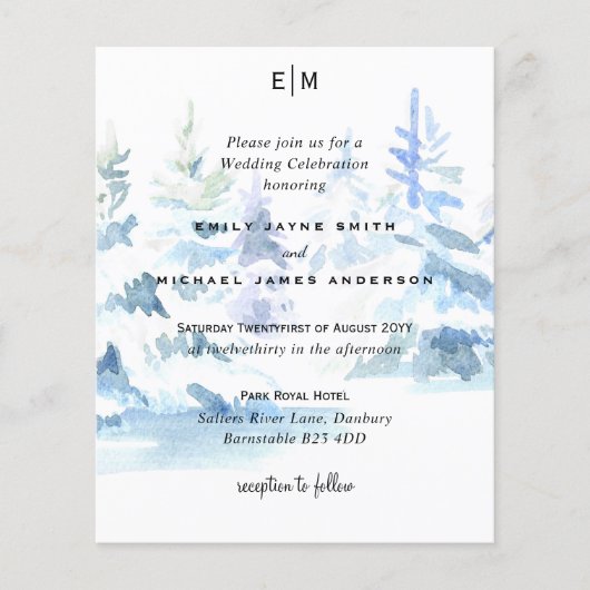 Budget Snowy Mountain Trees Skiing Wedding Invites Flyer (Voorkant)