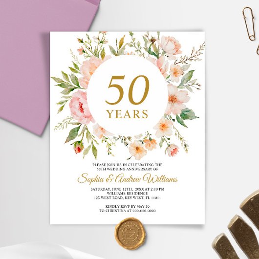 Budget Soft Flowers 50th Anniversary Invitation